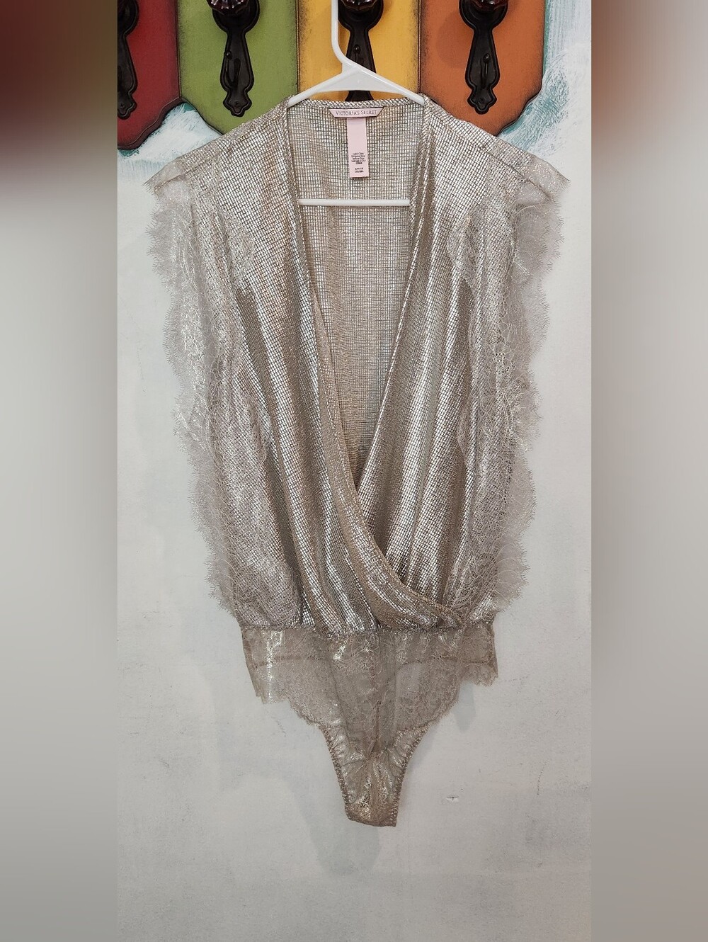 Victoria's Secret Shimmer Lace Bodysuit Blouse - Silver